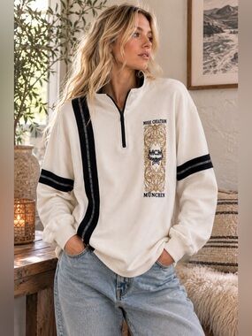 Vintage MCM München Mode Creation Half Zip Sweatshirt Cream Black Embroidered Un